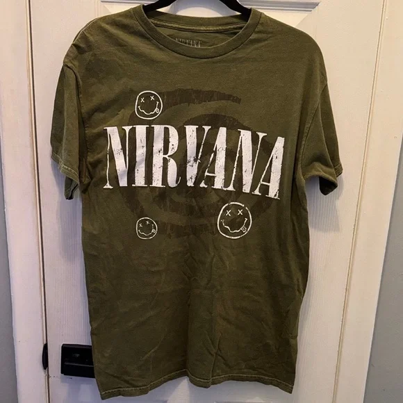 NIRVANA Army Green Smiley Face Tee - Picture 1 of 4